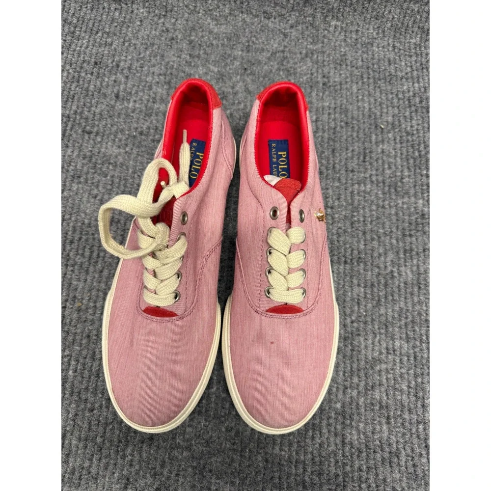 Polo Ralph Lauren Pink Seersucker‎ Canvas Low Top Sneakers Red Trim Mens 10.5